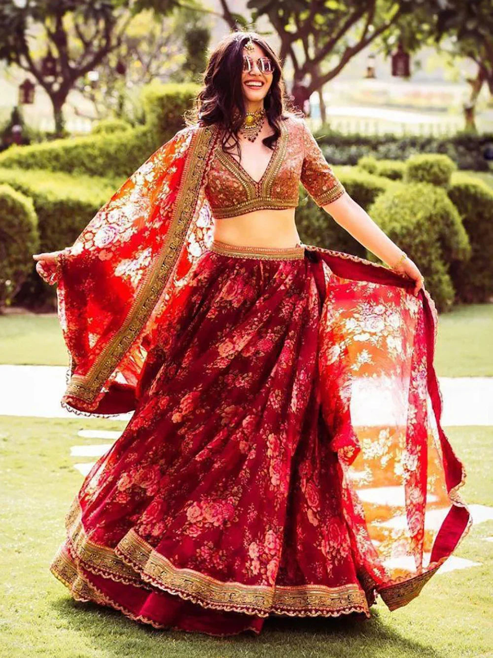 Maroon Sabyasachi Off Floral Printed Organza Bridal Lehenga Choli