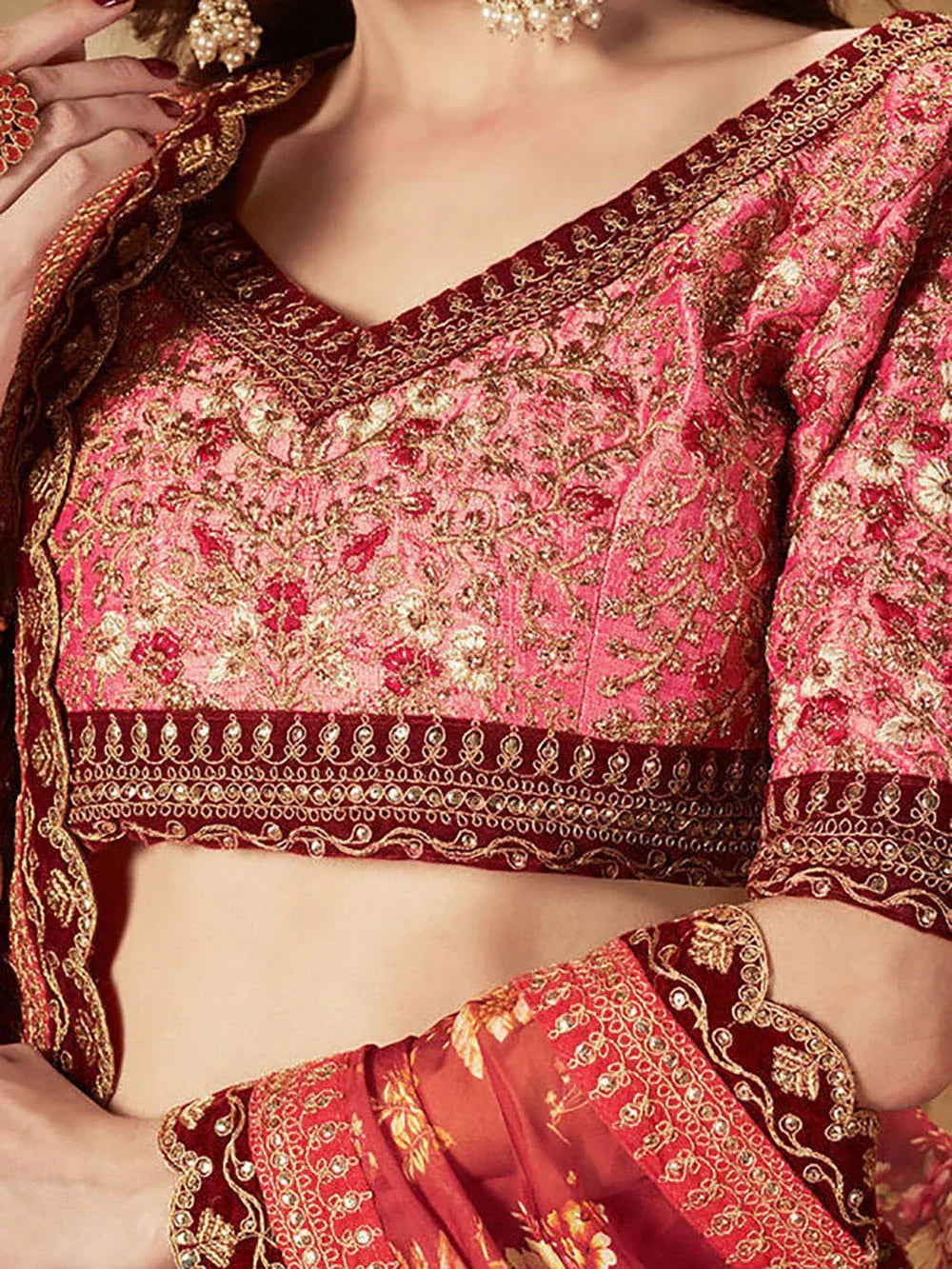 Maroon Sabyasachi Off Floral Printed Organza Bridal Lehenga Choli