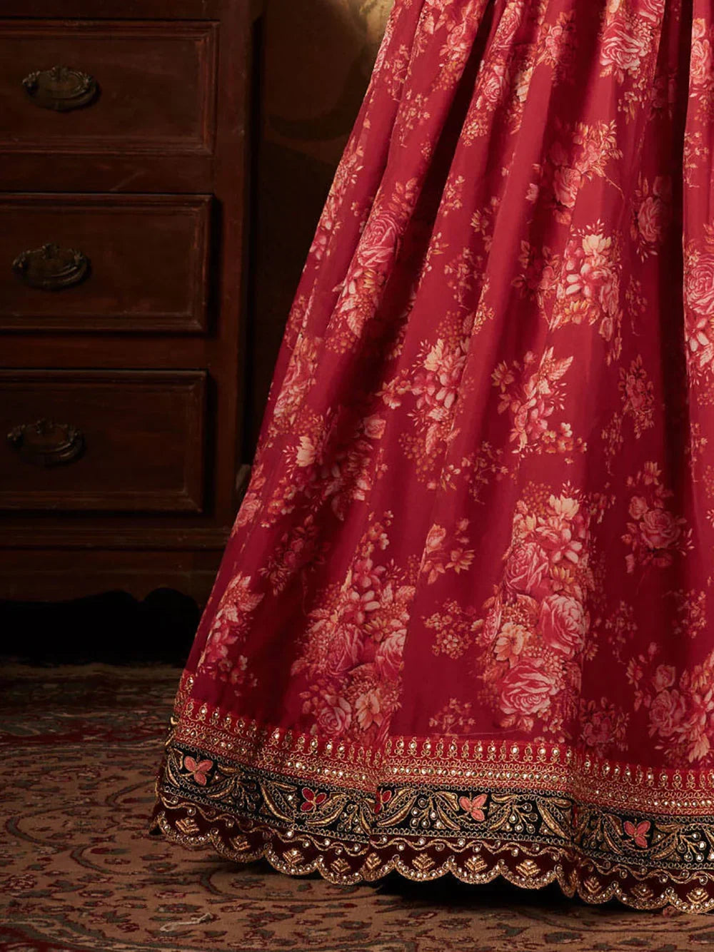 Maroon Sabyasachi Off Floral Printed Organza Bridal Lehenga Choli