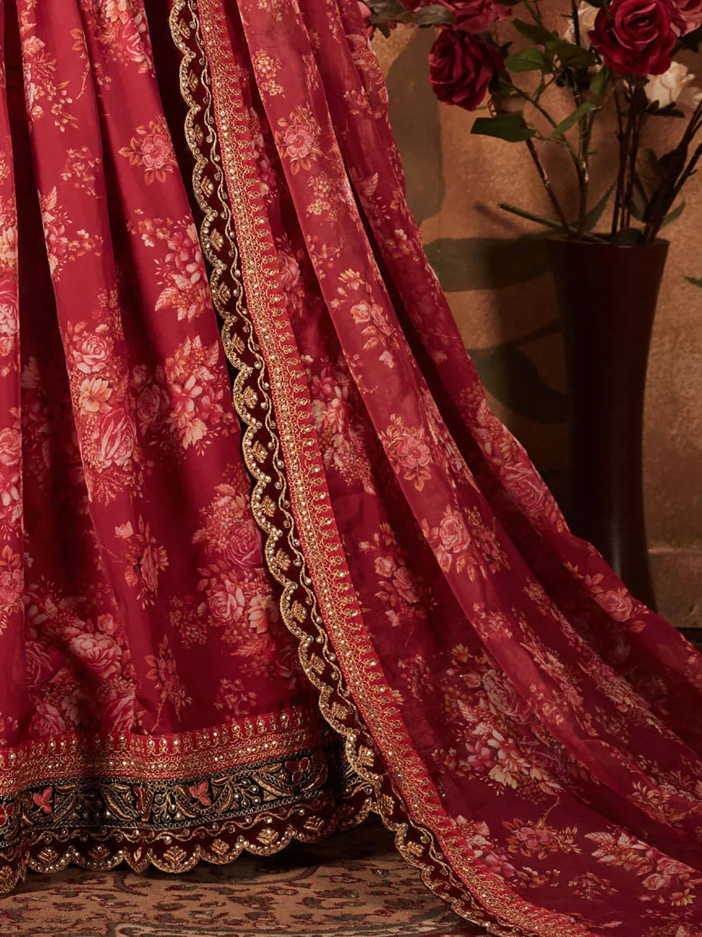 Maroon Sabyasachi Off Floral Printed Organza Bridal Lehenga Choli