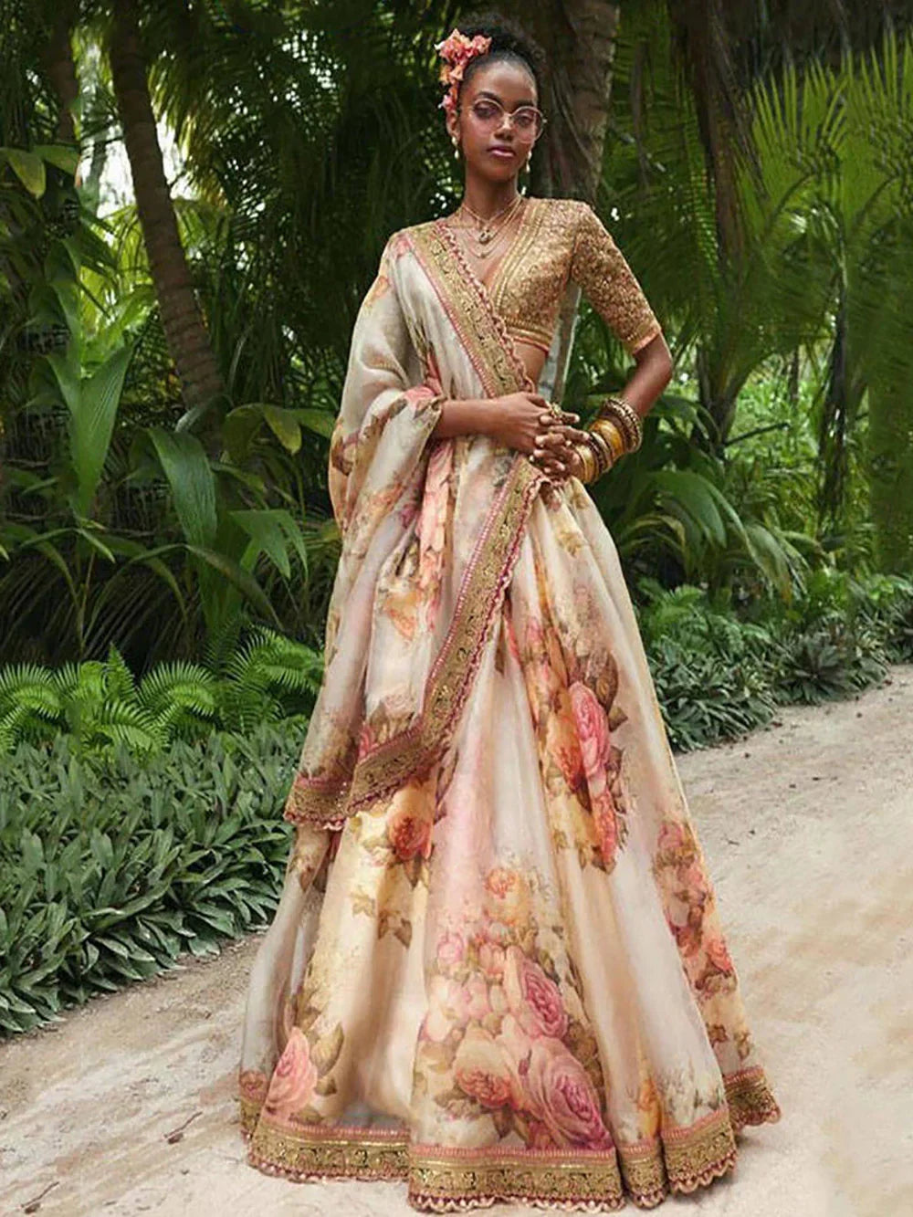 Off White Sabyasachi Off Floral Printed Organza Bridal Lehenga Choli