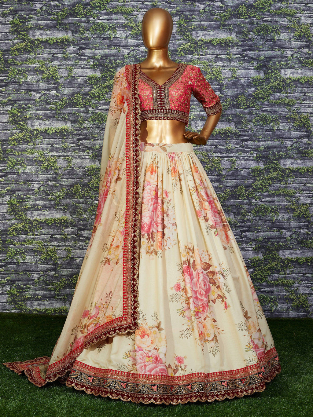 Off White Sabyasachi Off Floral Printed Organza Bridal Lehenga Choli