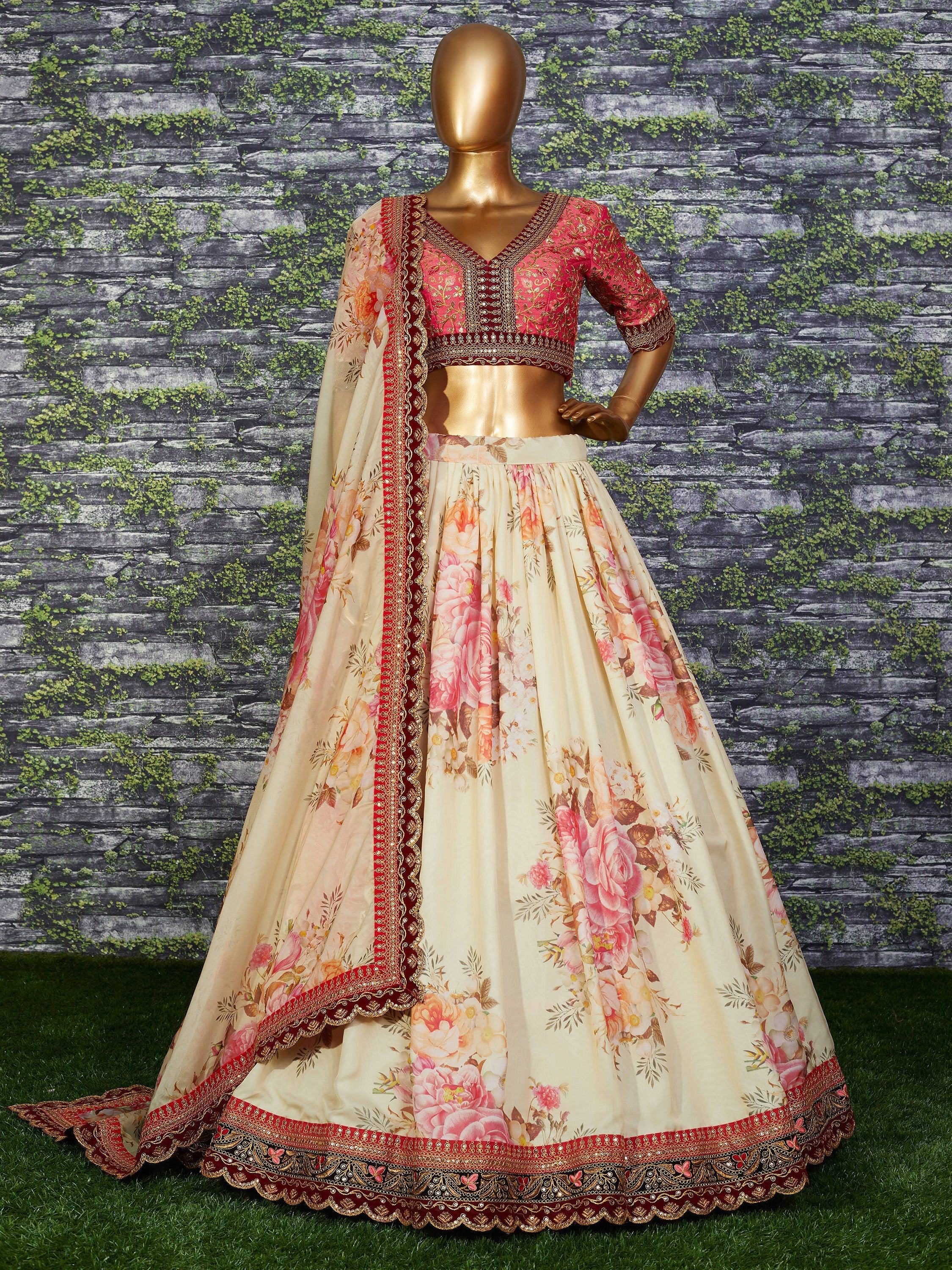 Off White Sabyasachi Off Floral Printed Organza Bridal Lehenga Choli