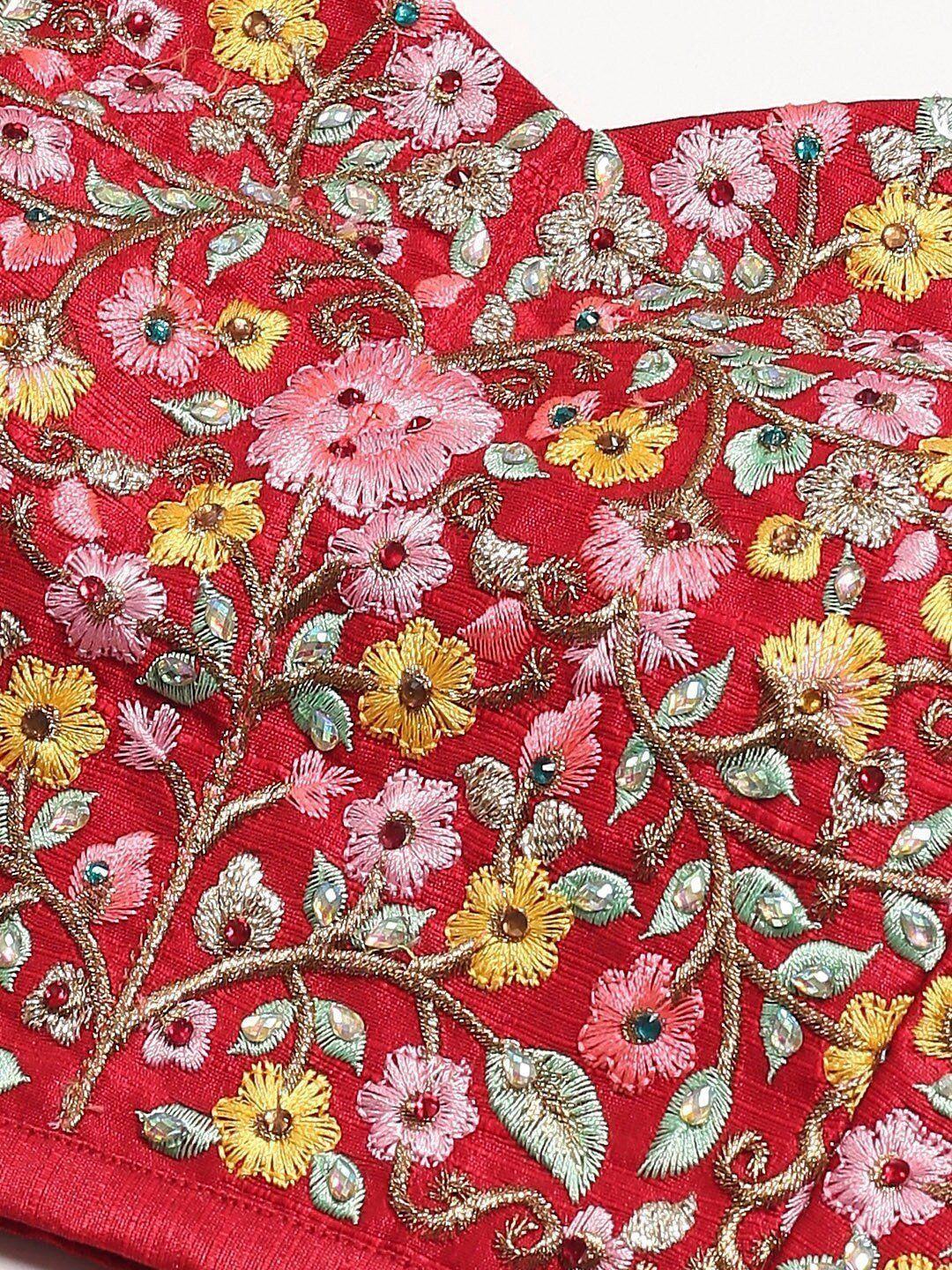 Red & Pink Embroidered Semi-Stitched Myntra Lehenga & Unstitched Blouse with Dupatta