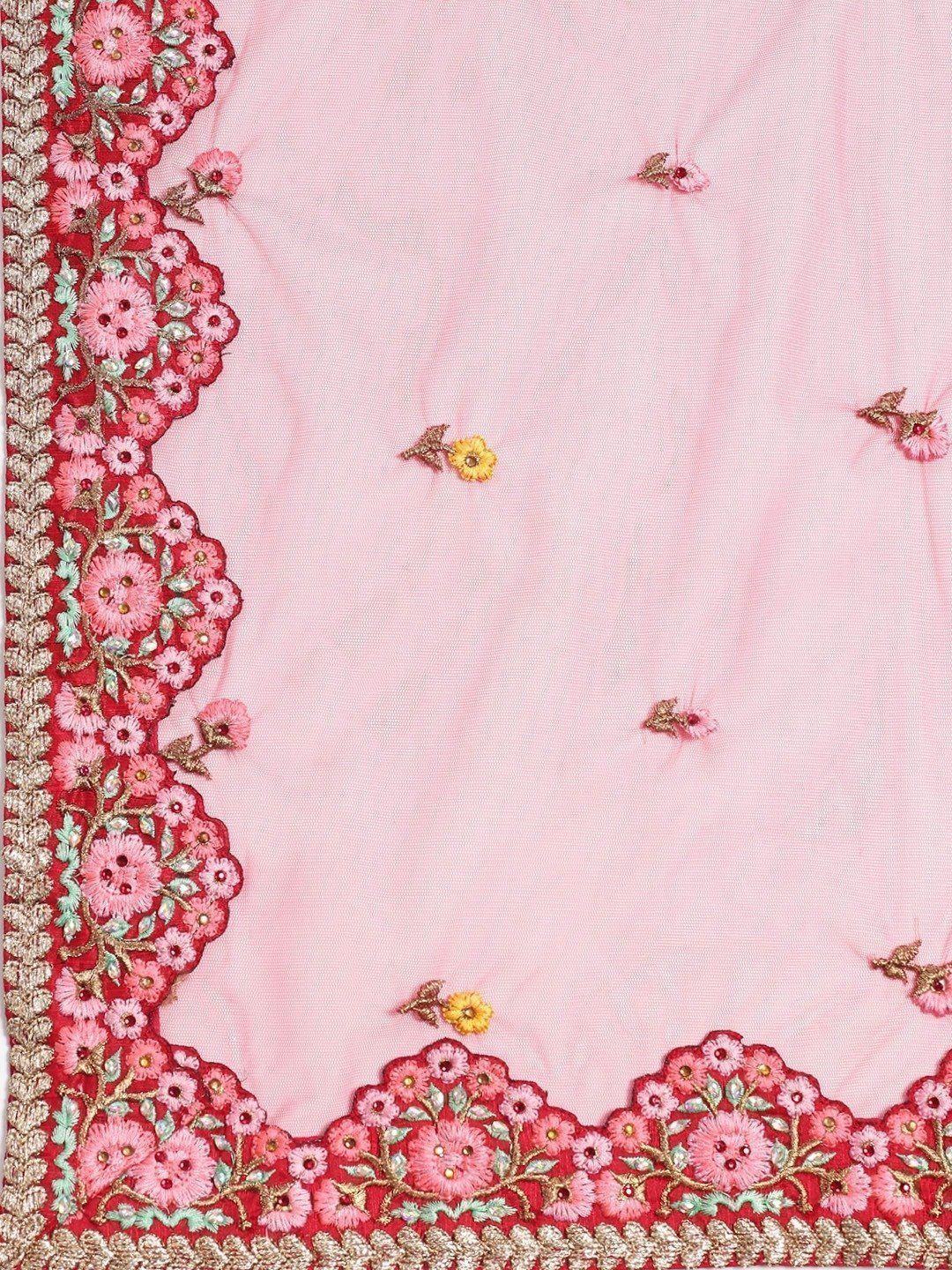 Red & Pink Embroidered Semi-Stitched Myntra Lehenga & Unstitched Blouse with Dupatta