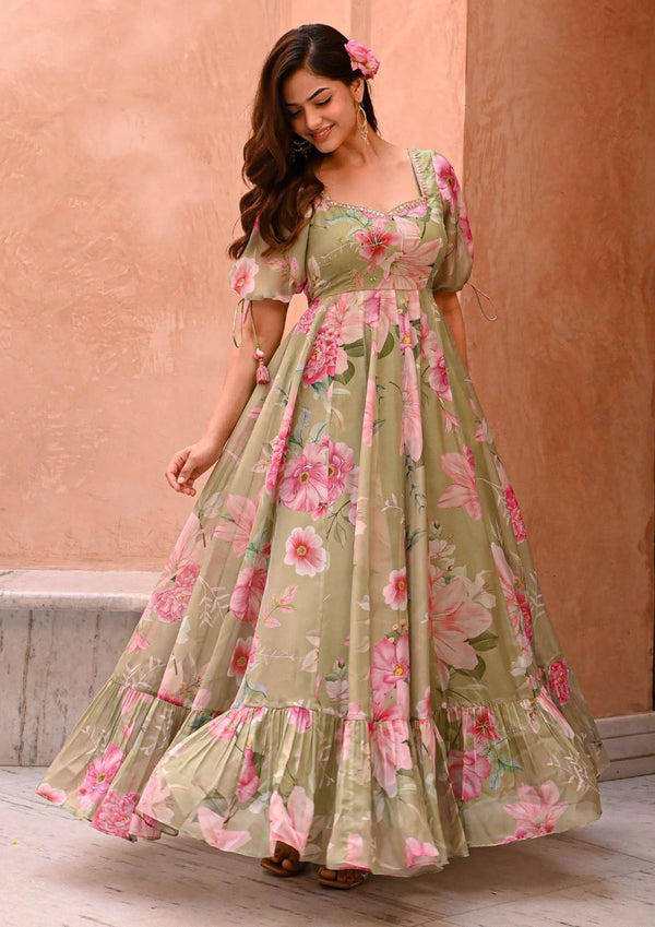 Sage Floral Print Faux Georgette Gown with Micro Cotton Inner