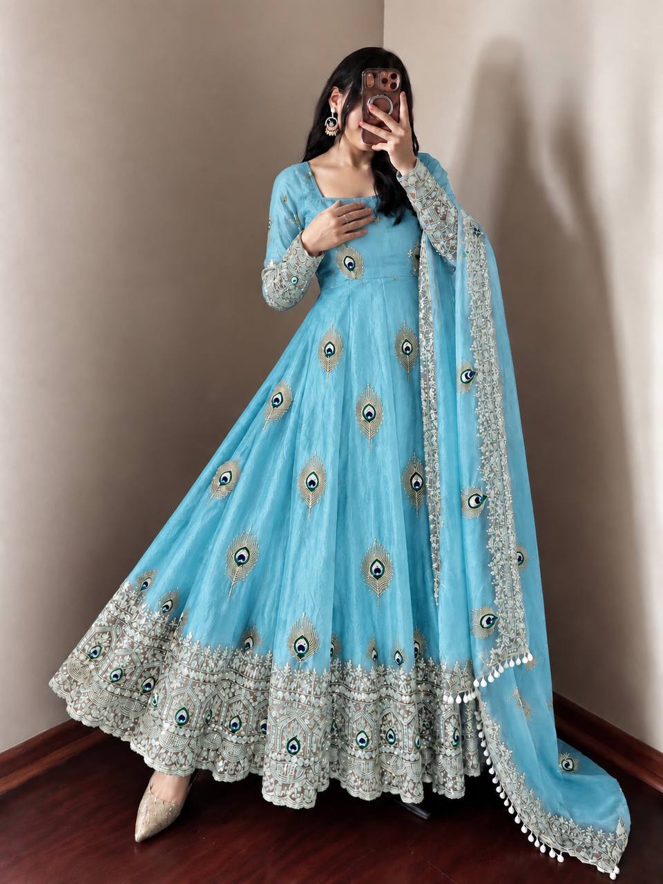 Sky Blue Sky Blue Sequence Embroidery Fendy Silk Gown with Pant and Dupatta