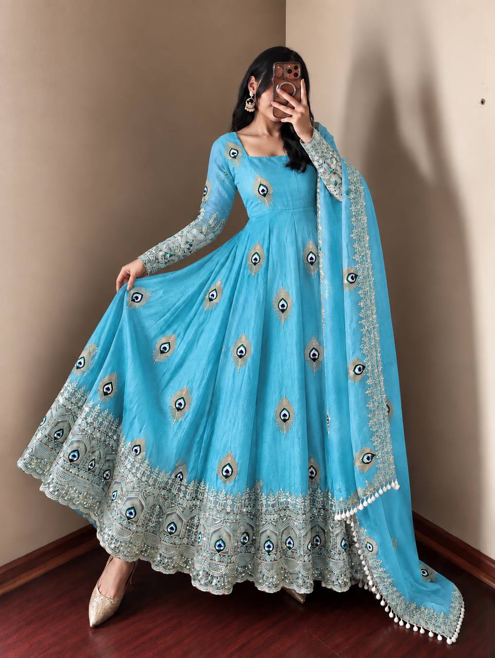 Sky Blue Sky Blue Sequence Embroidery Fendy Silk Gown with Pant and Dupatta