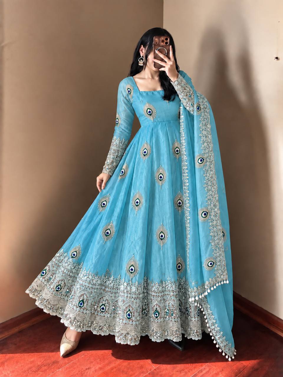Sky Blue Sky Blue Sequence Embroidery Fendy Silk Gown with Pant and Dupatta