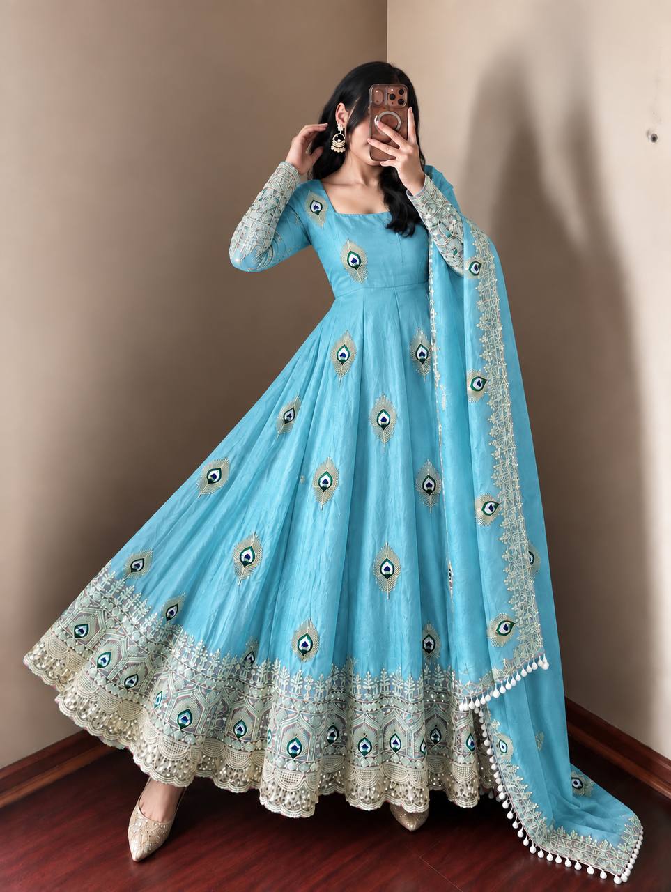 Sky Blue Sky Blue Sequence Embroidery Fendy Silk Gown with Pant and Dupatta