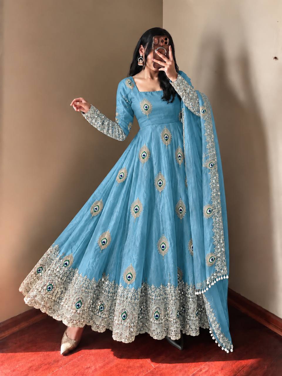 Sky Blue Sky Blue Sequence Embroidery Fendy Silk Gown with Pant and Dupatta