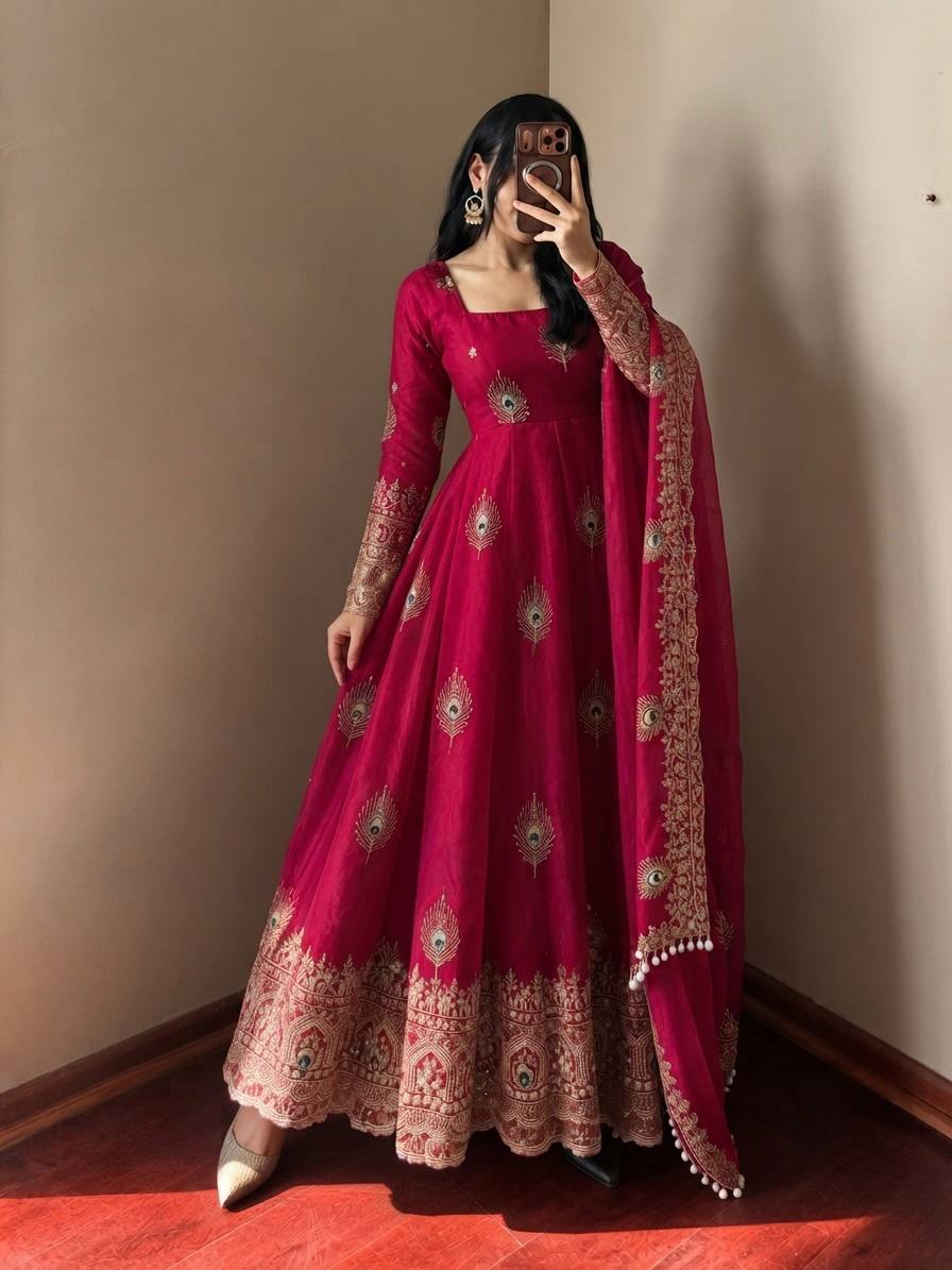 Rani Pink Rani Pink Sequence Embroidery Fendy Silk Gown with Pant and Dupatta