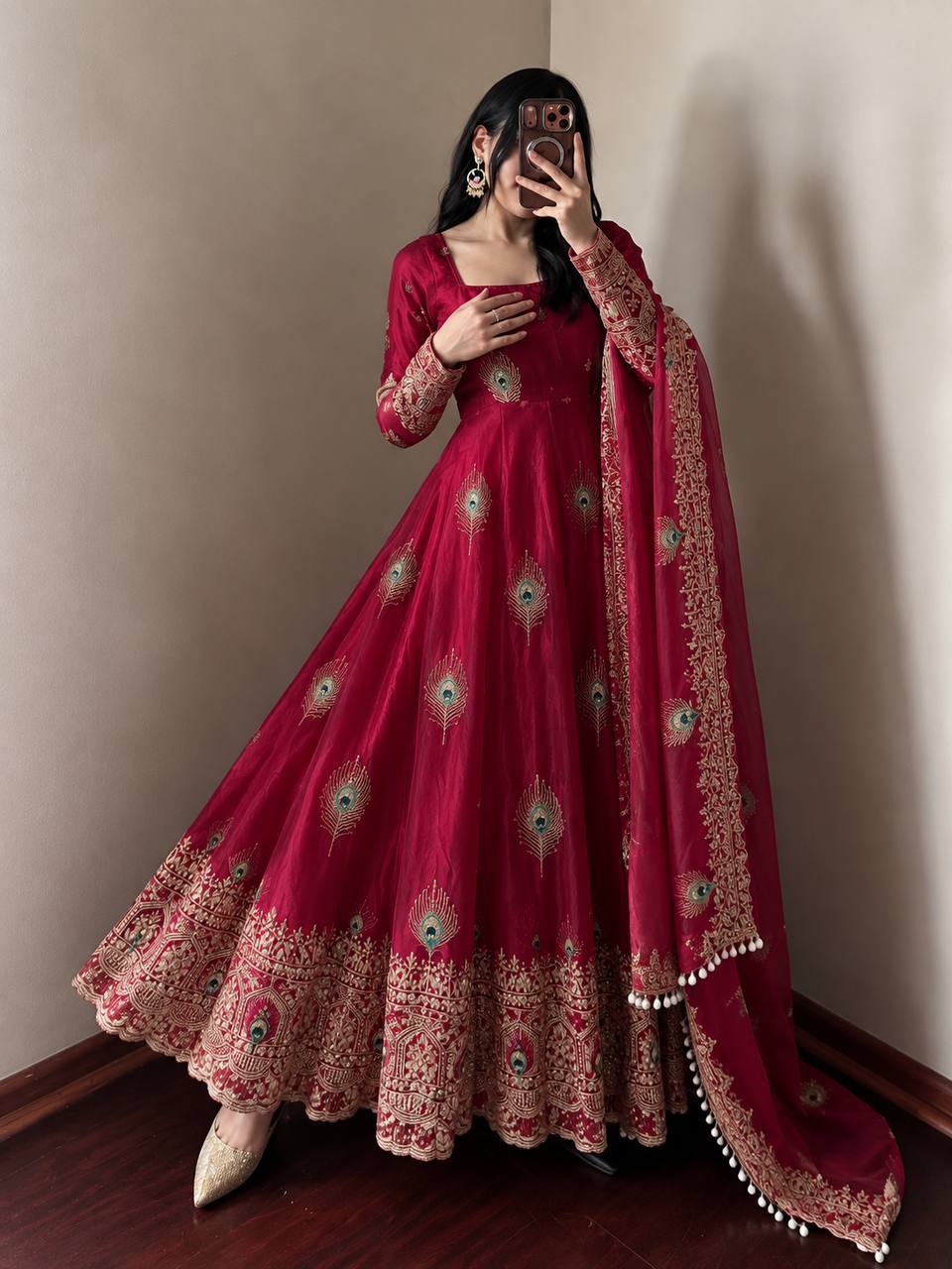 Rani Pink Rani Pink Sequence Embroidery Fendy Silk Gown with Pant and Dupatta