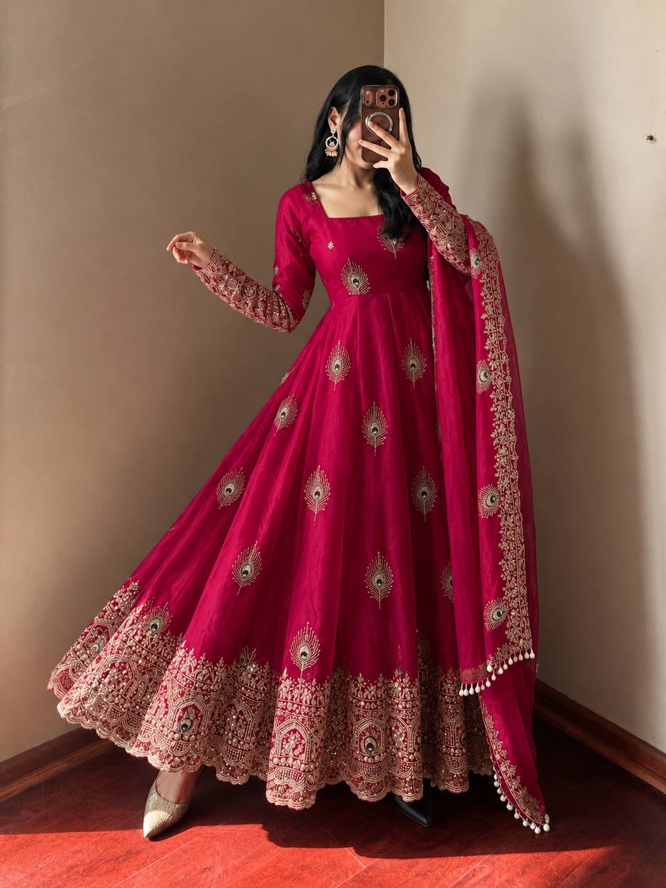 Rani Pink Rani Pink Sequence Embroidery Fendy Silk Gown with Pant and Dupatta