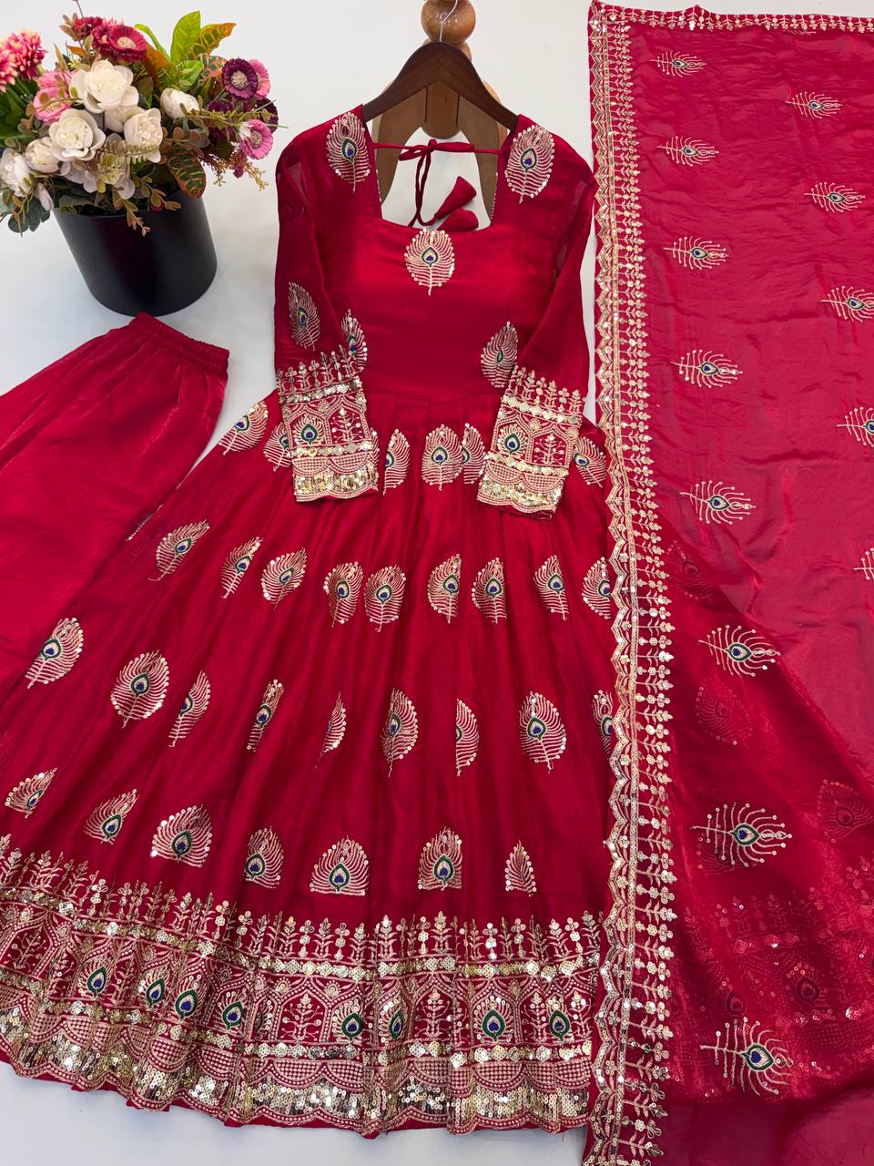 Rani Pink Rani Pink Sequence Embroidery Fendy Silk Gown with Pant and Dupatta