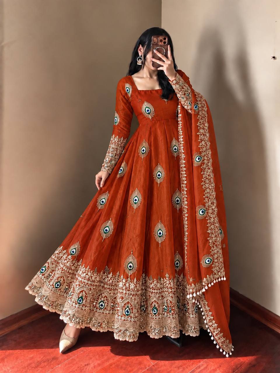 Rust Orange Rust Orange Sequence Embroidery Fendy Silk Gown with Pant and Dupatta