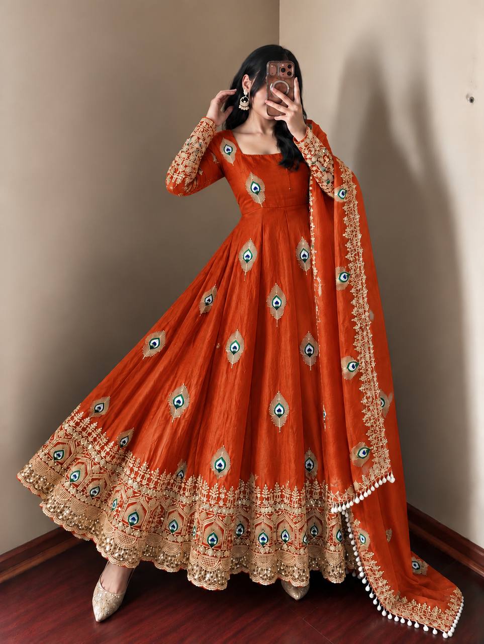 Rust Orange Rust Orange Sequence Embroidery Fendy Silk Gown with Pant and Dupatta