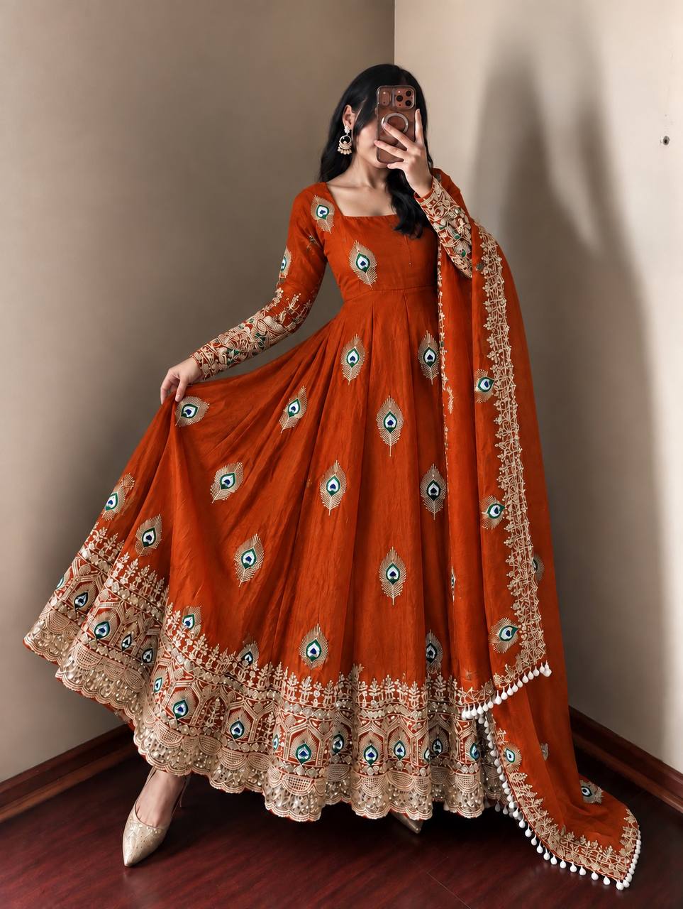 Rust Orange Rust Orange Sequence Embroidery Fendy Silk Gown with Pant and Dupatta