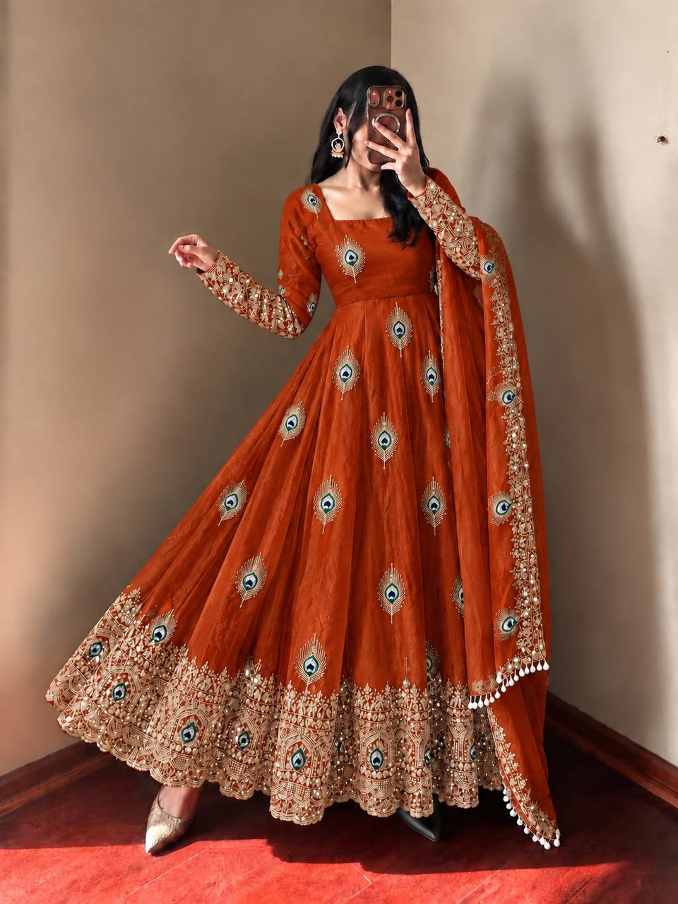Rust Orange Rust Orange Sequence Embroidery Fendy Silk Gown with Pant and Dupatta