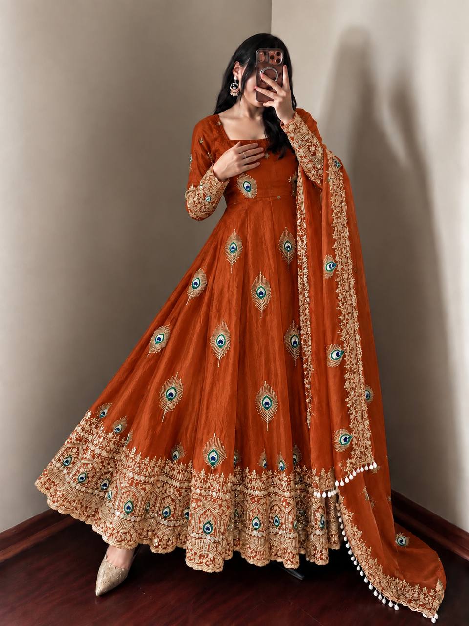 Rust Orange Rust Orange Sequence Embroidery Fendy Silk Gown with Pant and Dupatta