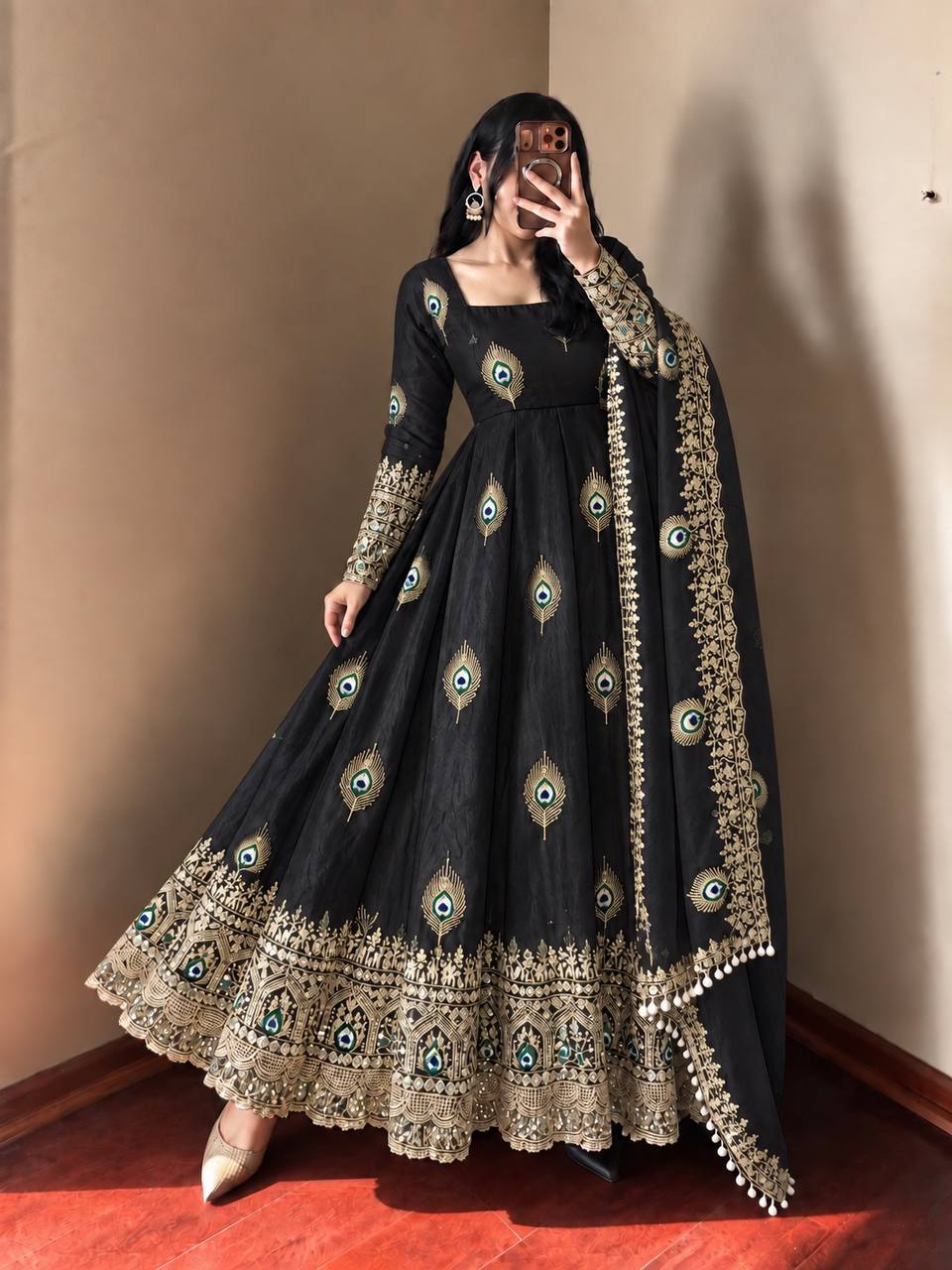 Black Black Sequence Embroidery Fendy Silk Gown with Pant and Dupatta