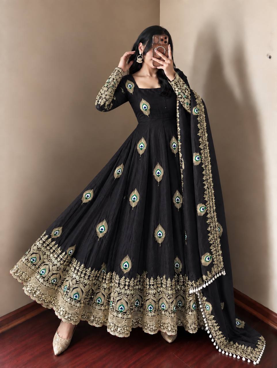 Black Black Sequence Embroidery Fendy Silk Gown with Pant and Dupatta
