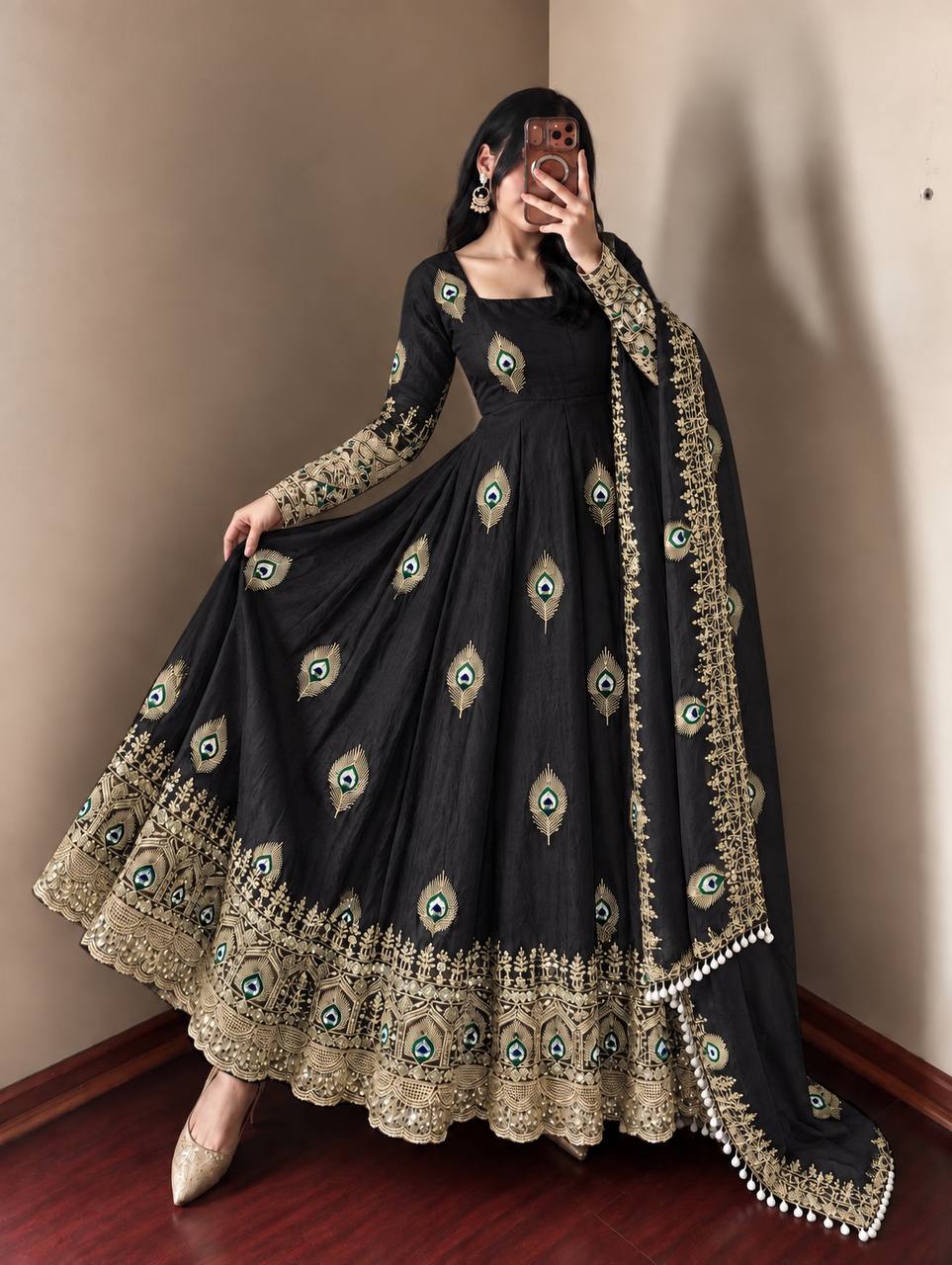 Black Black Sequence Embroidery Fendy Silk Gown with Pant and Dupatta