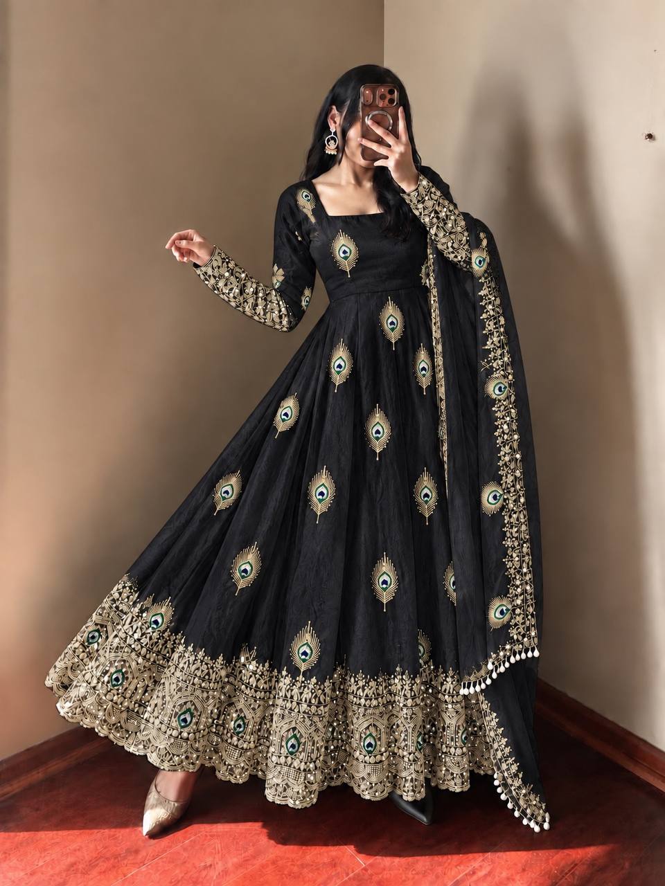 Black Black Sequence Embroidery Fendy Silk Gown with Pant and Dupatta