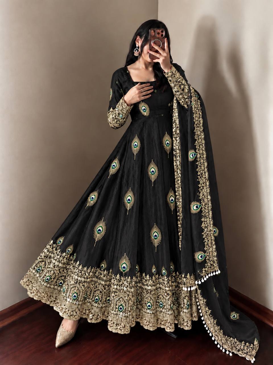 Black Black Sequence Embroidery Fendy Silk Gown with Pant and Dupatta