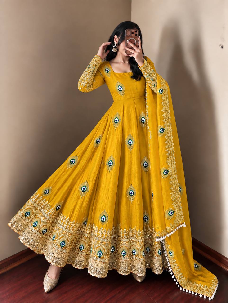 Yellow Yellow Sequence Embroidery Fendy Silk Gown with Pant and Dupatta