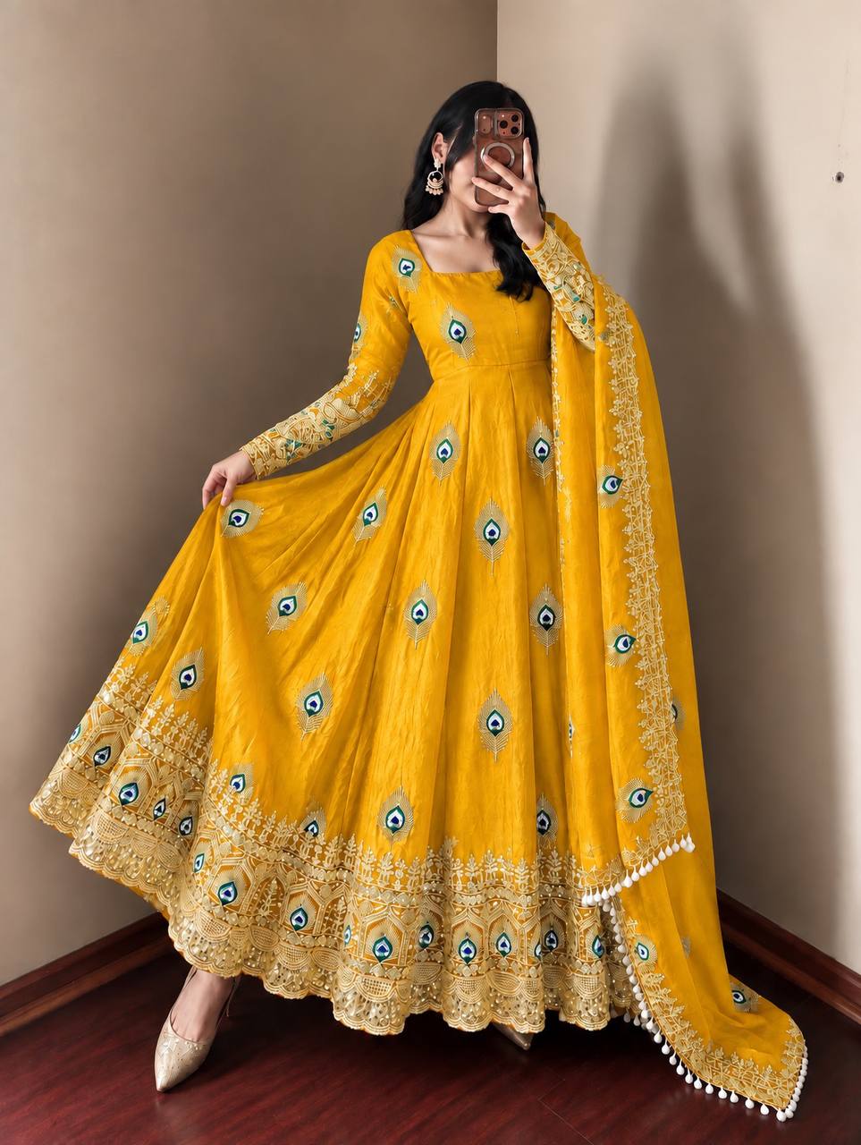 Yellow Yellow Sequence Embroidery Fendy Silk Gown with Pant and Dupatta