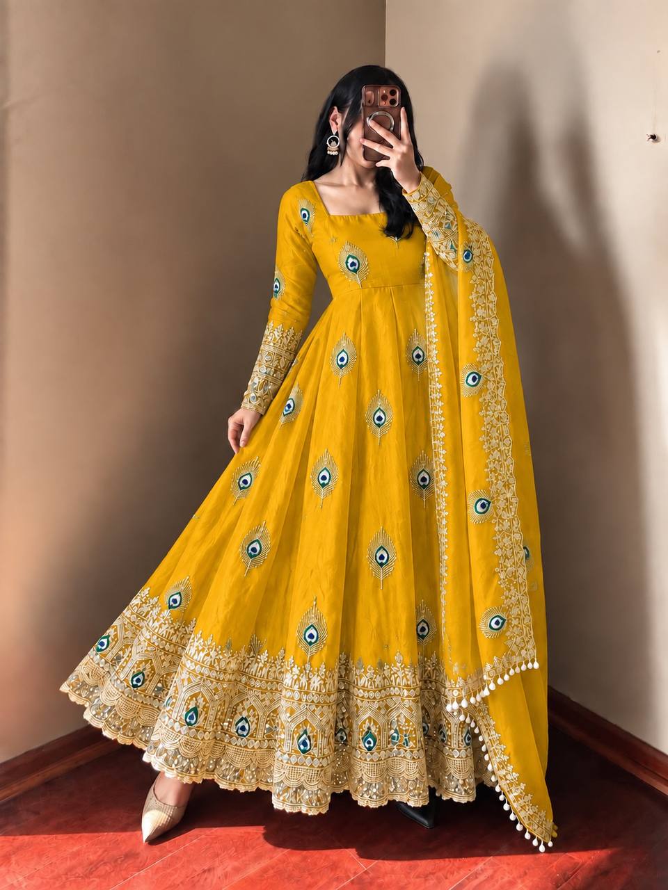 Yellow Yellow Sequence Embroidery Fendy Silk Gown with Pant and Dupatta