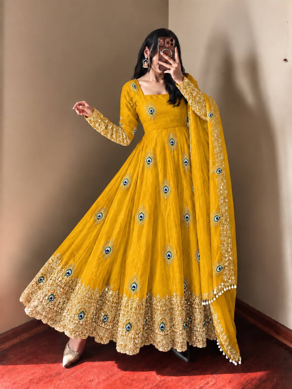 Yellow Yellow Sequence Embroidery Fendy Silk Gown with Pant and Dupatta
