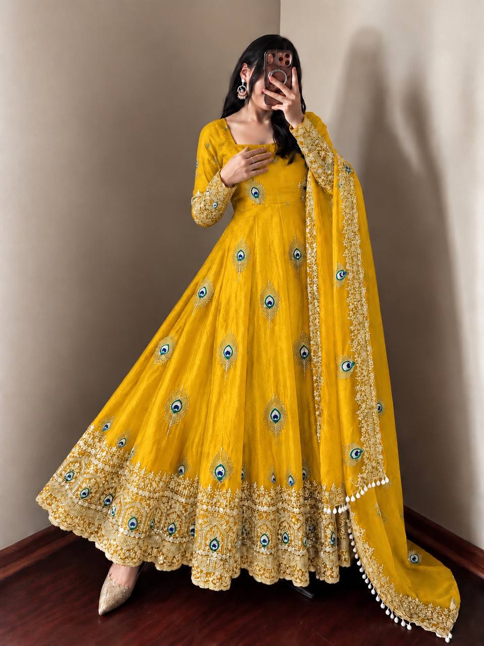 Yellow Yellow Sequence Embroidery Fendy Silk Gown with Pant and Dupatta