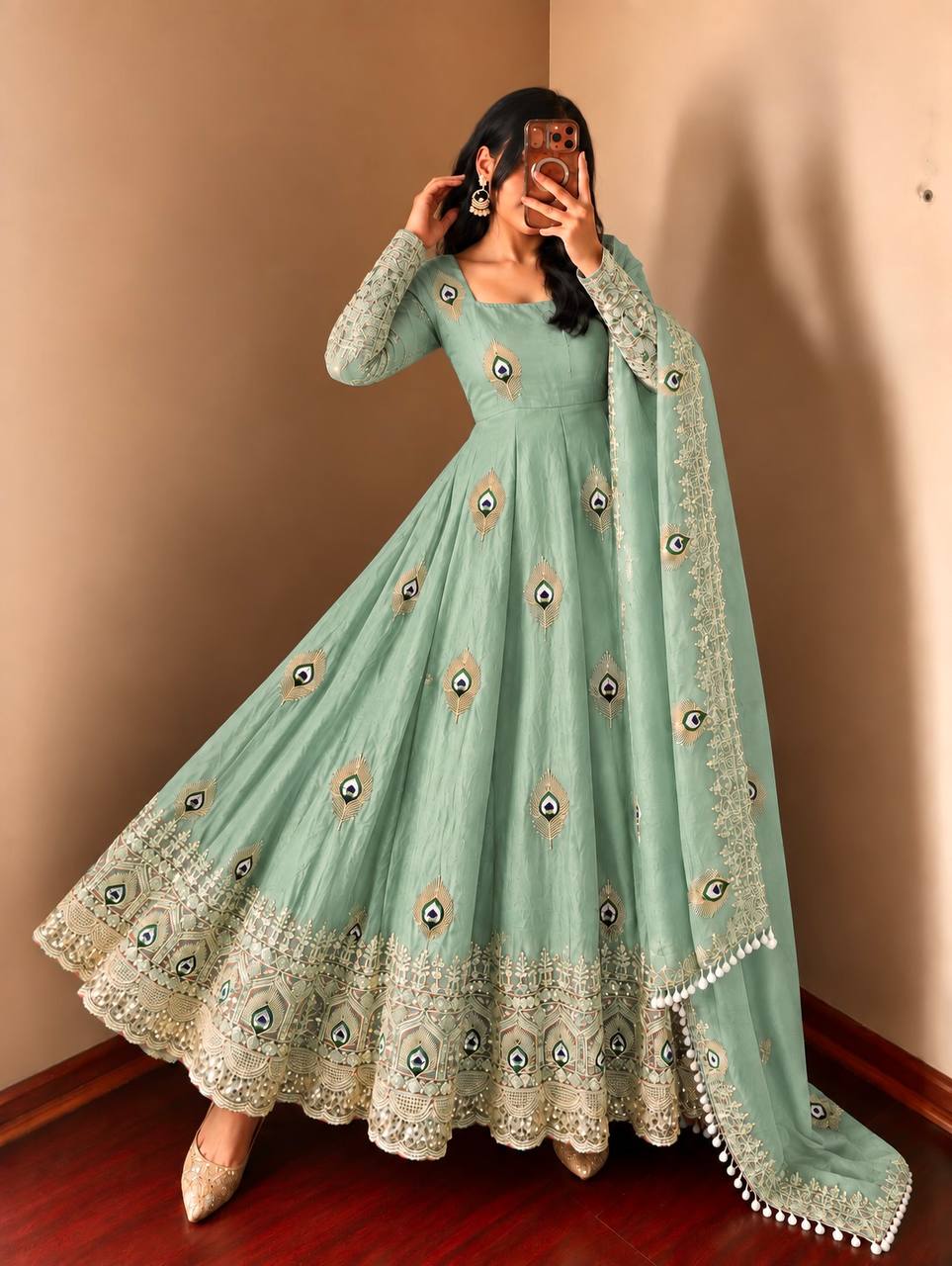 Greenish Gray Greenish Gray Sequence Embroidery Fendy Silk Gown with Pant and Dupatta