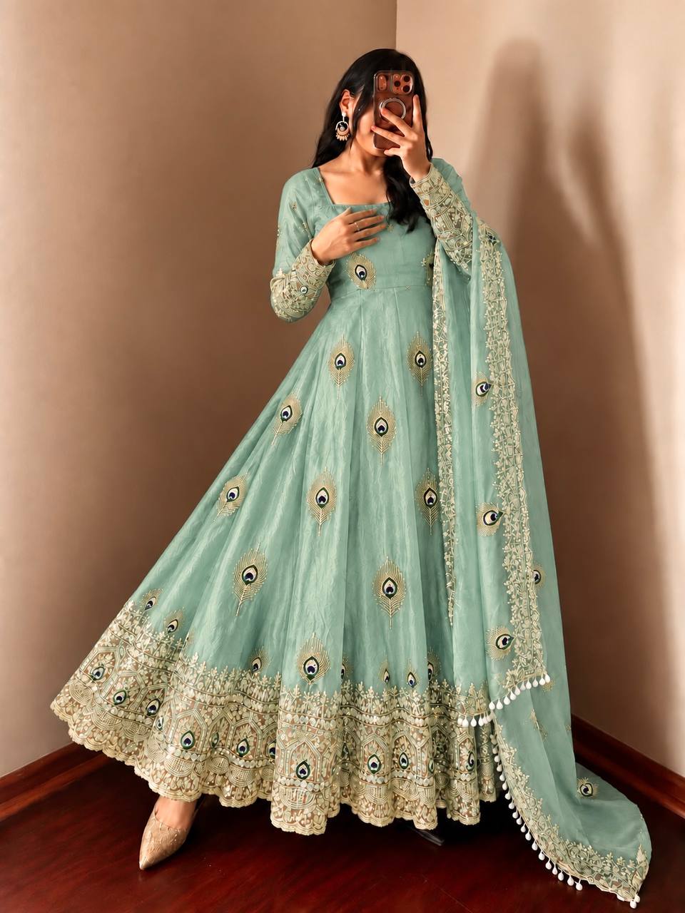 Greenish Gray Greenish Gray Sequence Embroidery Fendy Silk Gown with Pant and Dupatta