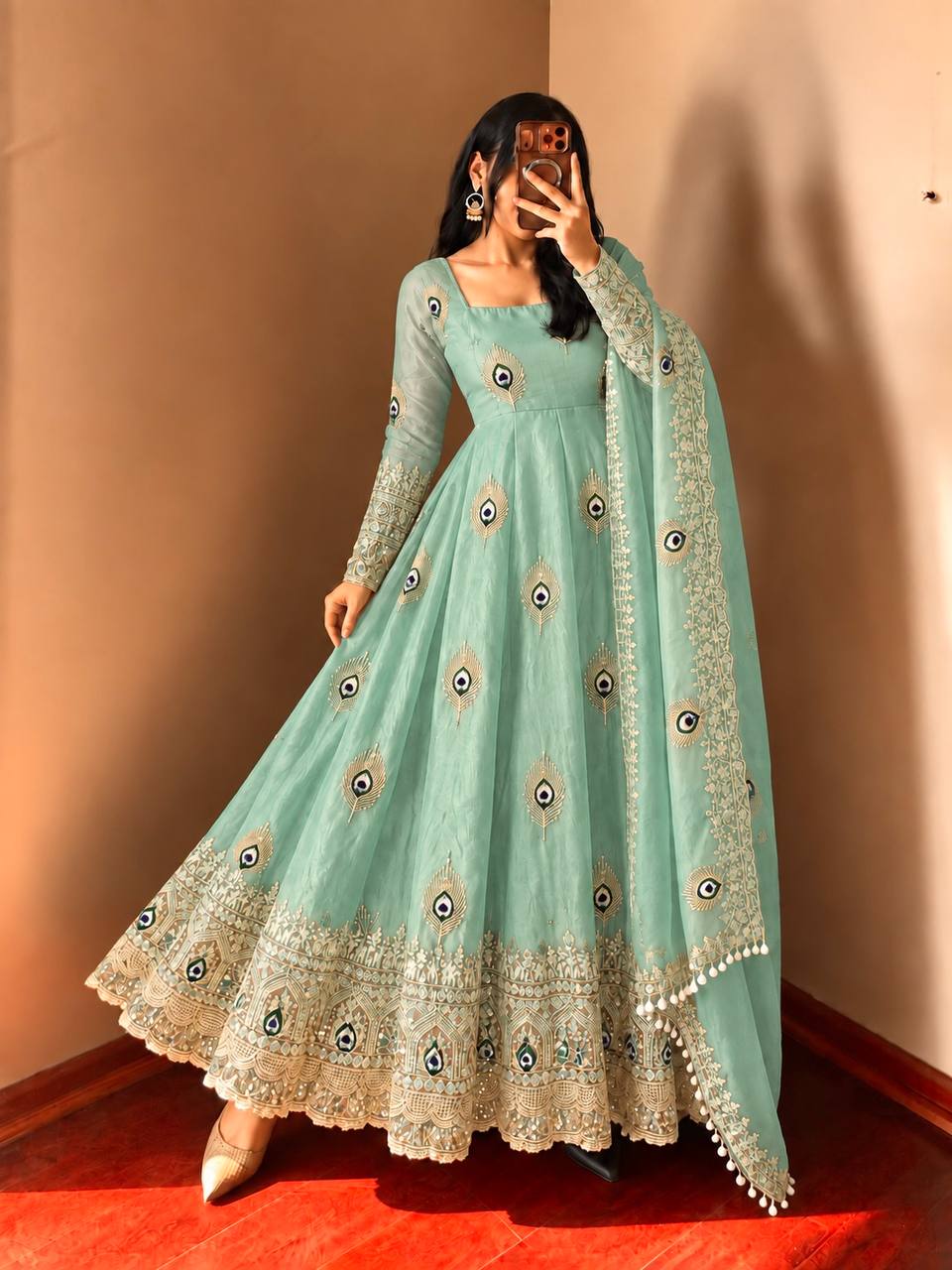 Greenish Gray Greenish Gray Sequence Embroidery Fendy Silk Gown with Pant and Dupatta