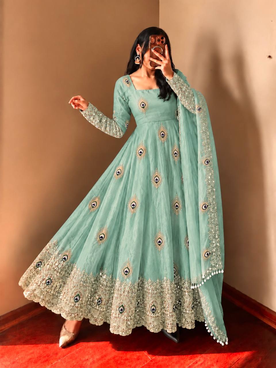 Greenish Gray Greenish Gray Sequence Embroidery Fendy Silk Gown with Pant and Dupatta