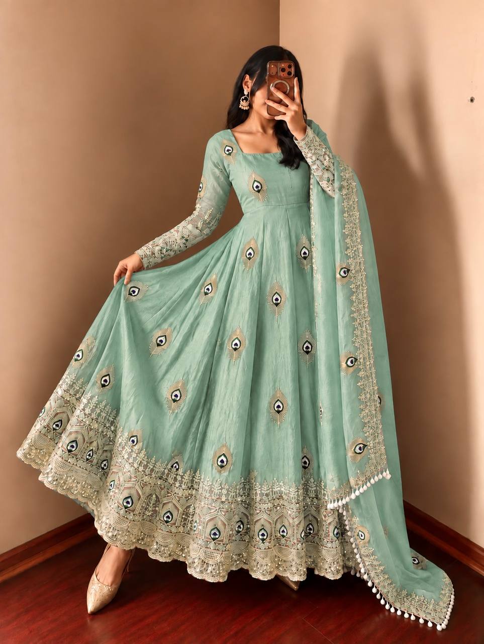 Greenish Gray Greenish Gray Sequence Embroidery Fendy Silk Gown with Pant and Dupatta