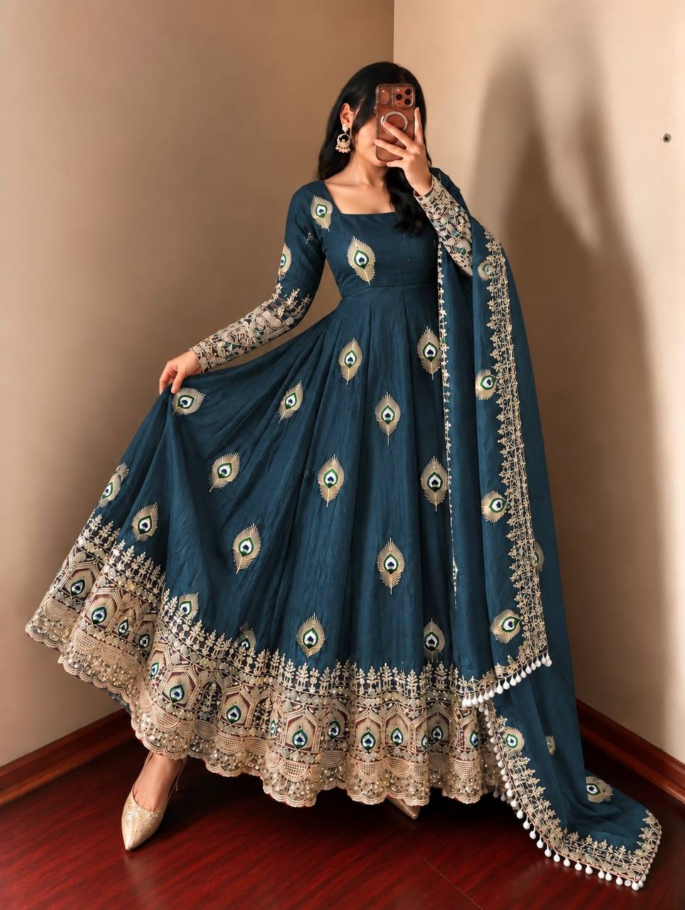 Teal Blue Teal Blue Sequence Embroidery Fendy Silk Gown with Pant and Dupatta