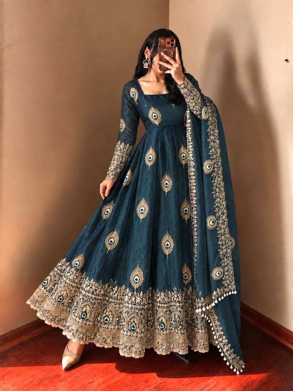 Teal Blue Teal Blue Sequence Embroidery Fendy Silk Gown with Pant and Dupatta