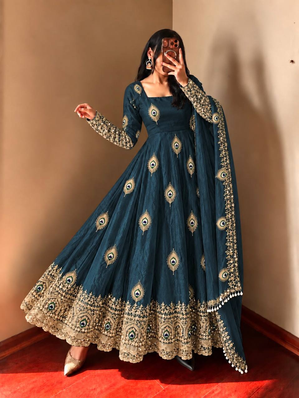 Teal Blue Teal Blue Sequence Embroidery Fendy Silk Gown with Pant and Dupatta