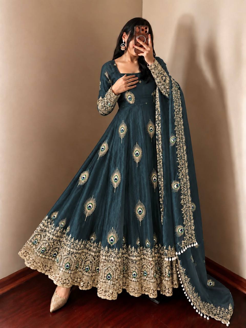 Teal Blue Teal Blue Sequence Embroidery Fendy Silk Gown with Pant and Dupatta