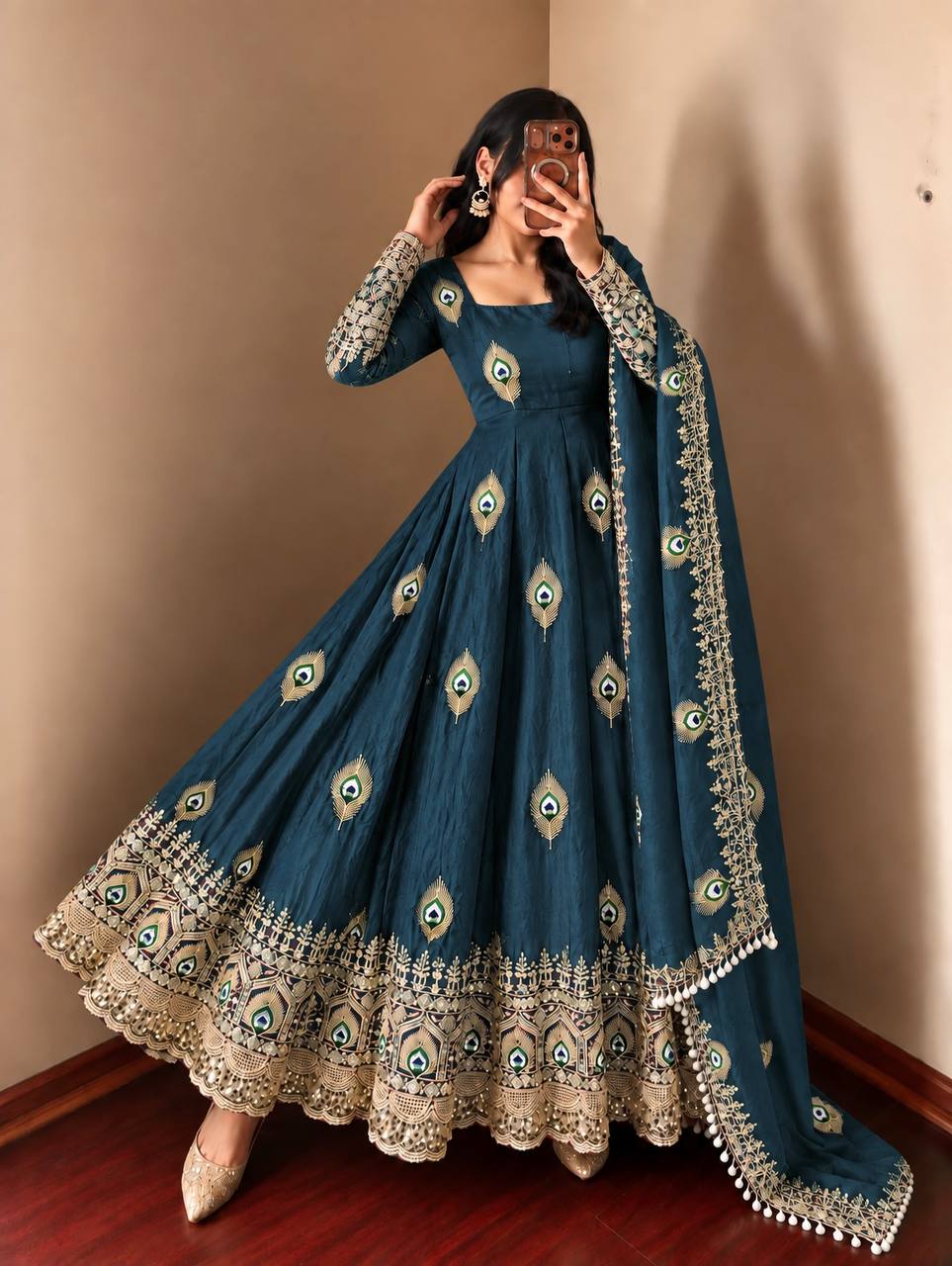 Teal Blue Teal Blue Sequence Embroidery Fendy Silk Gown with Pant and Dupatta
