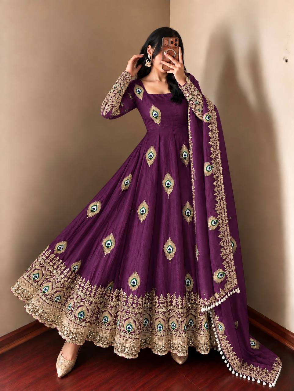 Whine Whine Sequence Embroidery Fendy Silk Gown with Pant and Dupatta