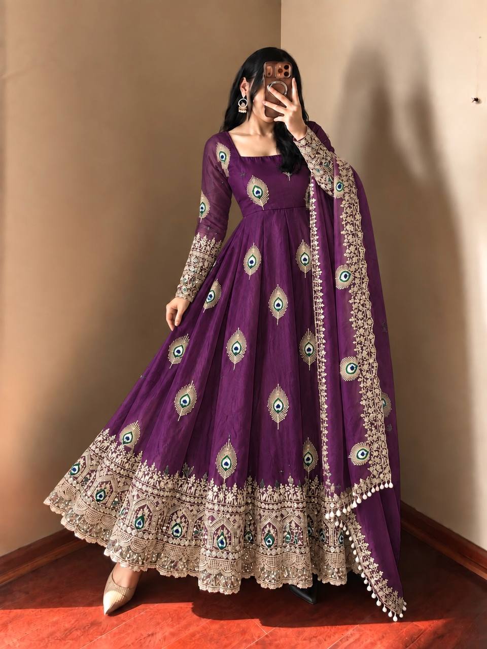 Whine Whine Sequence Embroidery Fendy Silk Gown with Pant and Dupatta