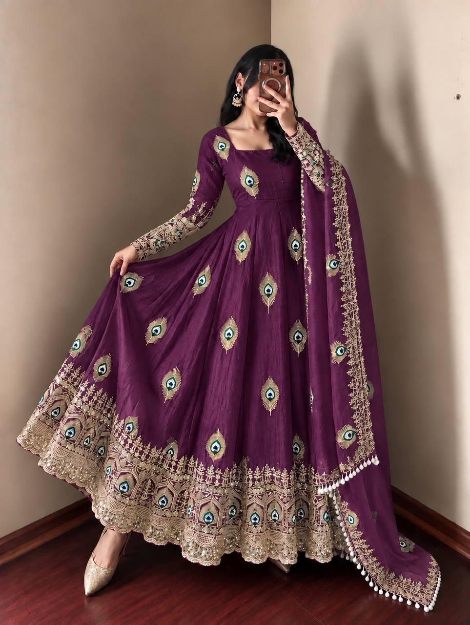 Whine Whine Sequence Embroidery Fendy Silk Gown with Pant and Dupatta