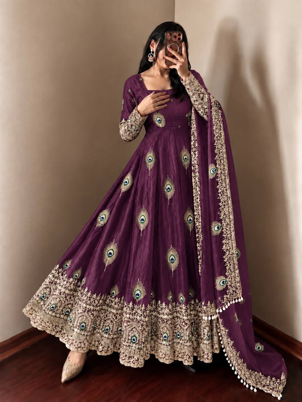 Whine Whine Sequence Embroidery Fendy Silk Gown with Pant and Dupatta