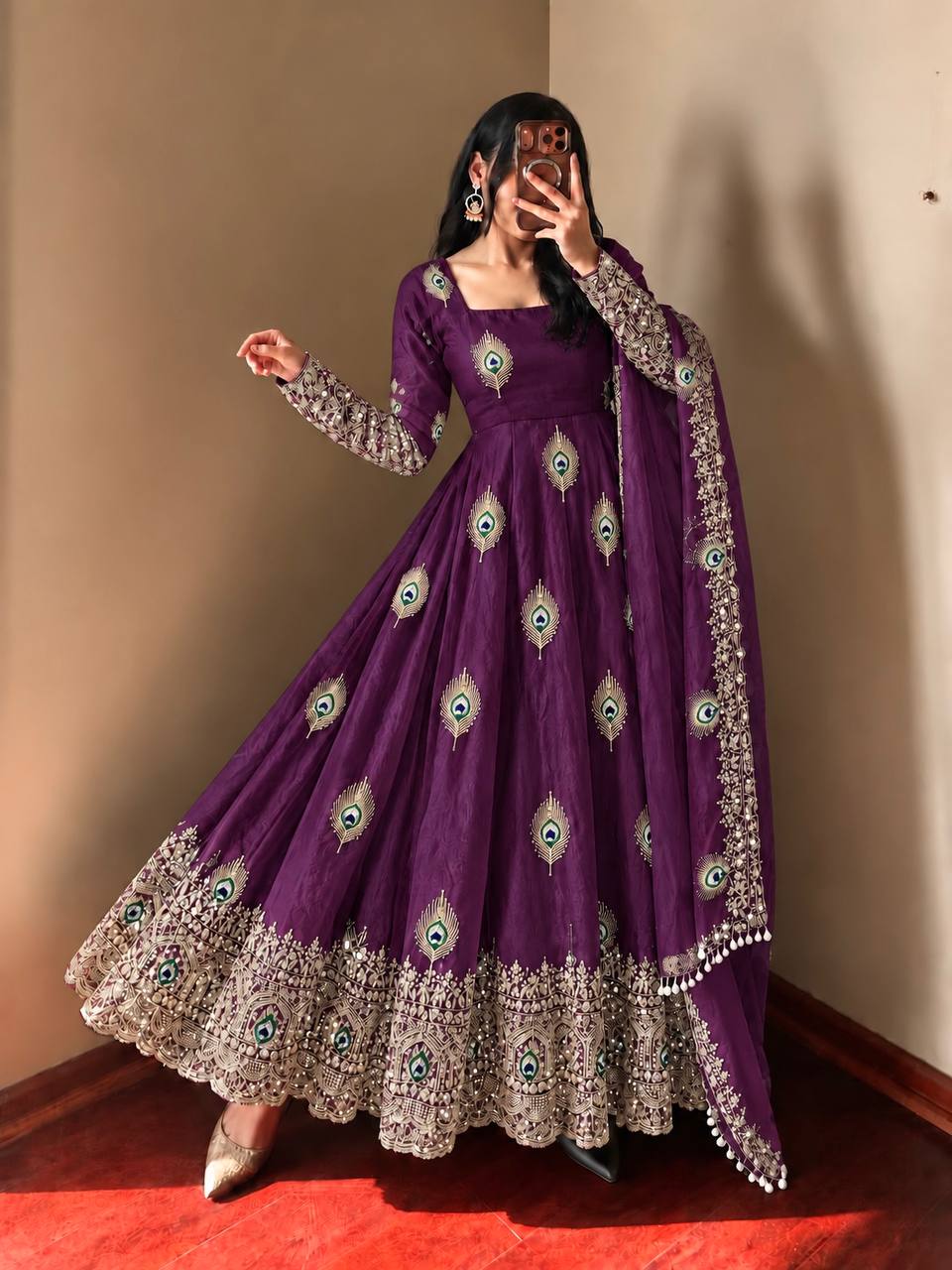 Whine Whine Sequence Embroidery Fendy Silk Gown with Pant and Dupatta