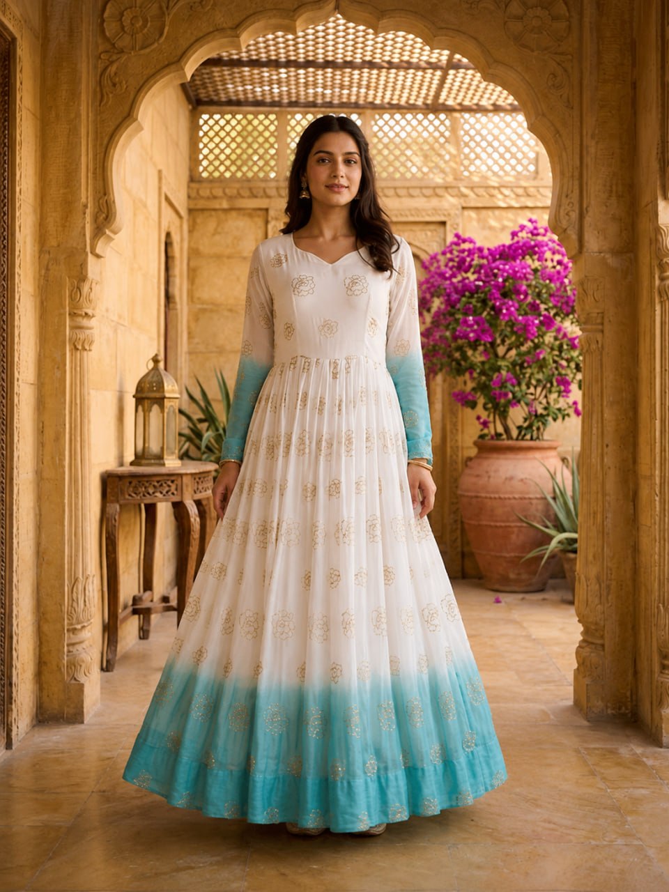 Shaded Silver Crunchy Gown with Pipe Sequins Embroidery